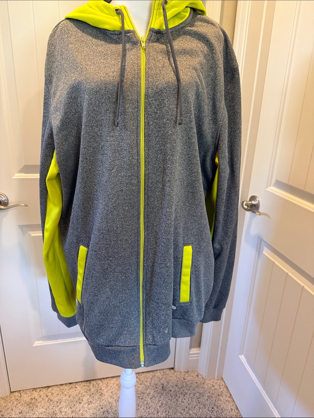 Men’s' Grey and Neon Yellow Hooded Zip Jacket